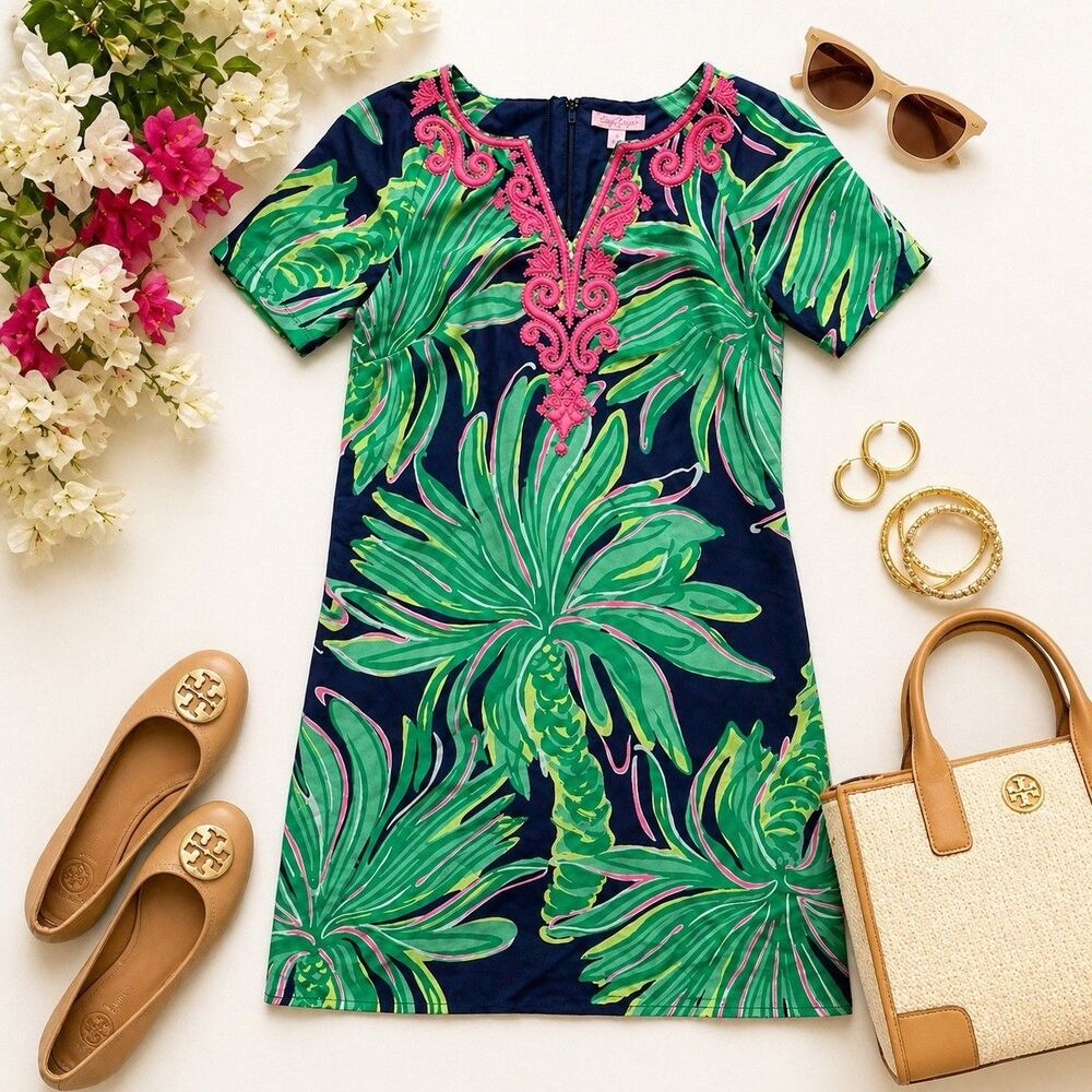 Lilly Pulitzer Silk Palm Print Embroidered Shift Dress Pink Green Resort XS S